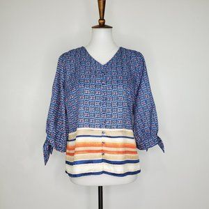 Chico's V-Neck Fabric Covered Buttons Button Up Tie Sleeve Top US Size 4/6P